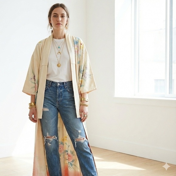 Other - Vintage yellow Japanese silk kimono haori robe jacket with hand painted flowers